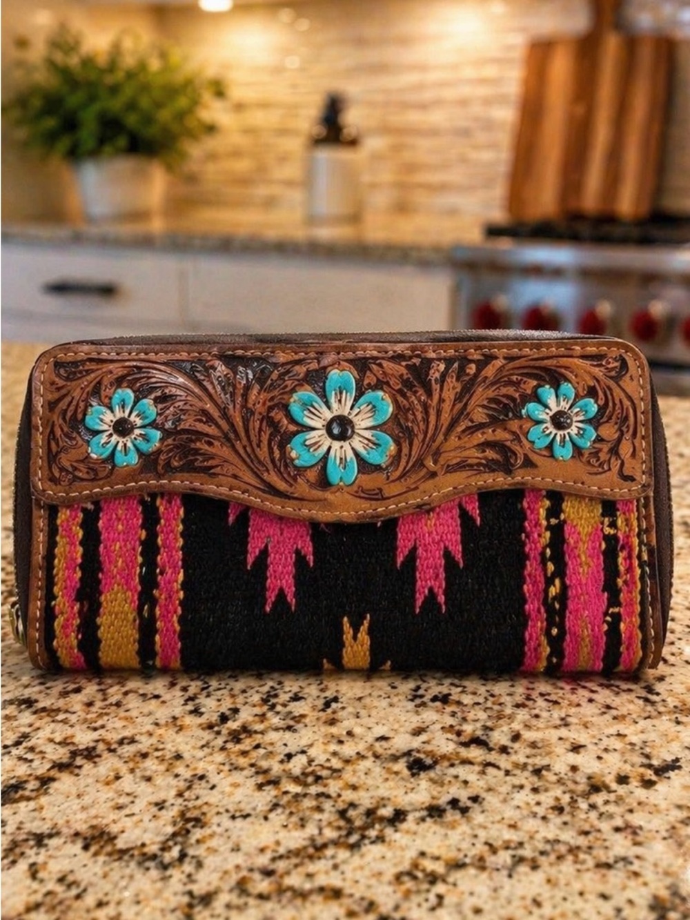 Turquoise Floral Tooled Wallet - Black & Pink Southwestern Design